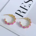 Primer plano macro de pendientes de aro bañados en oro 18K con esmalte rosa - Púrpura