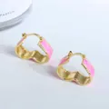 18K gold plated hoop earrings with pink enamel organic heart shape and 925 silver post - Pink