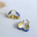 18K gold plated heart hoop earrings with blue marble enamel finish and wavy edges - Dark Blue