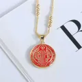 Detail of Saint Benedict gold medal necklace with red enamel and decorative beads - Red
