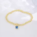 18k gold plated beaded bracelet with square blue zircon birthstone charm for women - March (Aquamarine Zirconia)