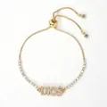 Macro detail of adjustable gold plated heart letter bracelet with cubic zirconia inlays - DIOS Letter Box Chain Style (D)