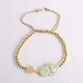 Pulsera de cuentas de oro 18K con corazón verde y cruz con cordón ajustable - Verde claro