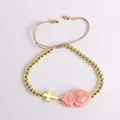 Adjustable 18K gold beaded bracelet with pink sacred heart and cross charms - Pink