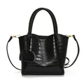 Sac seau élégant en cuir noir motif crocodile avec détails dorés et bandoulière - Noir