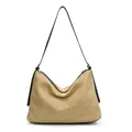 Minimalistische Stroh-Hobo-Tasche in Beige mit dunkelbraunem Schultergurt-Detail - Schwarz
