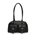 Schwarze Bowling-Handtasche aus Vintage-PU-Leder mit silbernen Schnallentaschen vorne - Schwarz