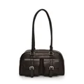 Minimalist retro dark brown PU bowling bag with double pockets and silver metal buckles - Brown