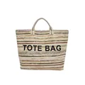 Sac cabas rayé en paille tressée avec broderie TOTE BAG noire et anses solides - Vert iridescent