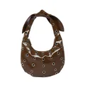 Braune Hobo-Tasche mit Nieten, silbernen Ösen und Knotengriff in glänzender Lederoptik - Braun