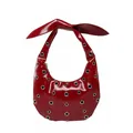Red patent leather crescent underarm bag with silver eyelets and knot bunny ear handle - Red