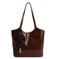 Brown glossy patent leather tote bag with star charm for office and daily commuting - Decorative Pendant Included / Brown