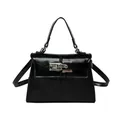Minimalist black glossy Kelly style handbag with silver buckle and adjustable strap - Black