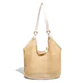 Large woven beach tote bag with white leather straps and golden metal rings on white background - Off White