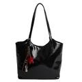 Glossy black patent leather tote bag with unique star and silver peanut charms - Decorative Pendant Included / Black