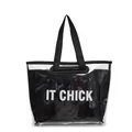 Black and transparent large capacity jelly tote bag featuring IT CHICK white lettering - Black