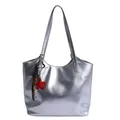Silver metallic tote bag with long handles and a red star charm for women - Decorative Pendant Included / Silver