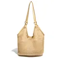 Handwoven hollow tote bag in beige with faux leather straps and gold metal rings - Apricot