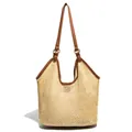 Beige woven straw mesh tote bag with brown leather shoulder straps for summer beach vacation - Brown