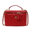 Red quilted leather chain crossbody bag with golden flower logo and metal strap - Red