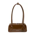 Deep brown glossy patent leather bowling shoulder bag with white fashion lettering print - Brown