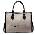 Bolso tote de lona minimalista con ribete de cuero negro e impresión de París - Negro