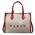 Bolso tote grande de lona en blanco roto y rojo con estampado PARIS y asas de cuero - Marrón