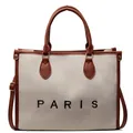Bolso tote grande de lona en crema y marrón con estampado PARIS y correa bandolera - Burdeos