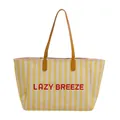 Bolso tote de lona a rayas amarillas y blancas con bordado rojo y asas de cuero elegante - Amarillo