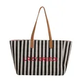 Bolso tote de lona a rayas negras y blancas con bordado Lazy Breeze rojo y asas marrones - Negro