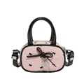 Mini borsa a tracolla plissettata rosa con fiocchi neri e ciondolo a cuore - Rosa