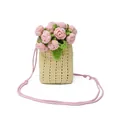 Mini bolso de ganchillo hecho a mano con decoración de rosa rosa y patrón beige - Beige y Rosa