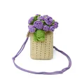 Bolso bandolera tejido a mano para móvil con rosas de ganchillo moradas y punto crema - Beige y Púrpura
