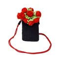 Bolso de móvil artesanal de ganchillo negro con detalle de rosa roja y correa larga - Negro Y Rojo