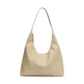 Sac seau hobo en paille beige avec bandoulière en cuir rose et logo brodé - Rose