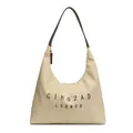 Sac seau tissé beige chic avec bandoulière en cuir noir et design imprimé de lettres - Noir