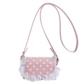 Pink polka dot mini crossbody bag with white lace trim and slim leather shoulder strap - Pink