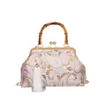 Elegant paisley embroidery shell bag with bamboo handle and white tassel charm - Silver