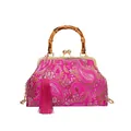 Sac jacquard rose rouge avec poignée en bambou, motif paisley et long gland en soie - Rose rouge