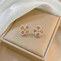 Purple heart-shaped clover earrings in gold setting with micro-pave zircons - Earrings / Purple Pearl Earrings