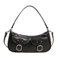 Elegante bolso hobo de media luna negro con bolsillos de solapa y hebillas plateadas - Blanco Roto