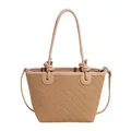 Nude beige woven tote bag with top handles and textured herringbone leather finish - Khaki