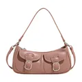 Bolso de hombro chic de cuero rosa loto con hebillas plateadas y bolsillos delanteros - Rosa