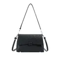 Classic black faux leather shoulder bag with textured square embossed pattern and long strap - Black