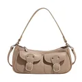 Bolso de hombro tipo baguette en color caqui con hebillas decorativas frontales - Caqui