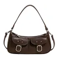 Bolso bandolera baguette marrón oscuro con hebillas plateadas y bolsillos - Marrón