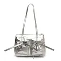 Metallic silver underarm pillow bag with decorative bows and multiple front pockets - Silver