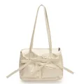Vintage cream white underarm shoulder bag with double pockets and bow tie details - White