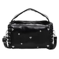 Modische schwarze Schultertasche aus Kunstleder mit silbernen Herznieten und Glitzersteinen - Schwarz