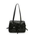 Retro black patent leather underarm bag with decorative bows and pleated pockets - Black